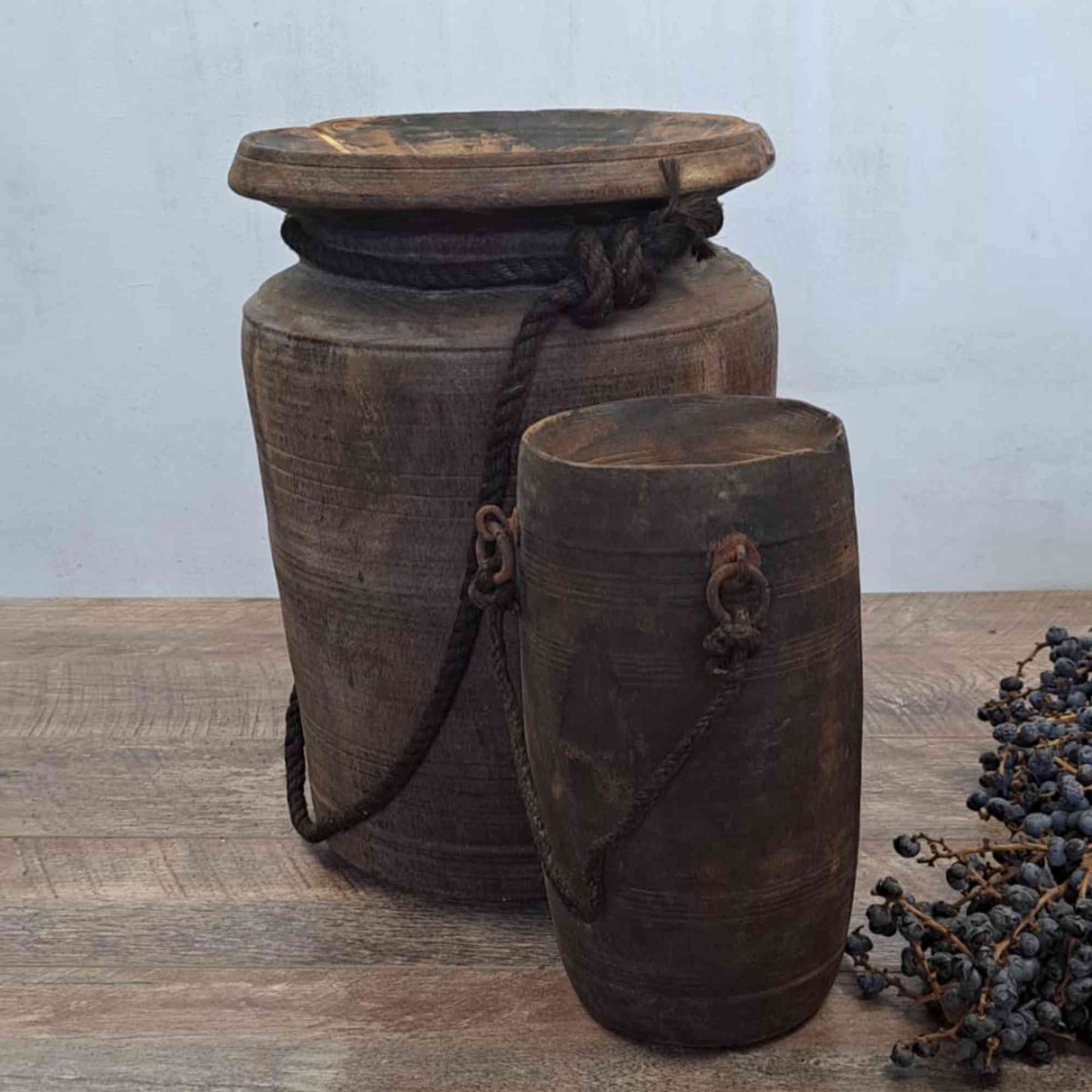 Antique Wooden Himachal Pot - Ring and Rope Detail