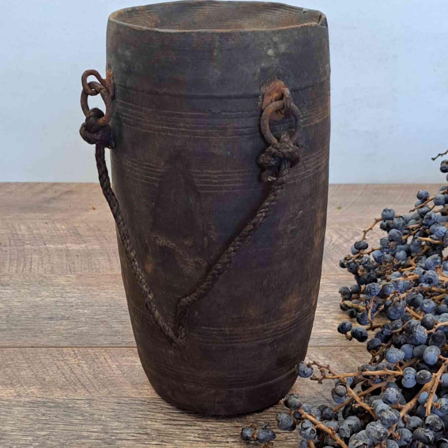 Antique Wooden Himachal Pot - Ring and Rope Detail