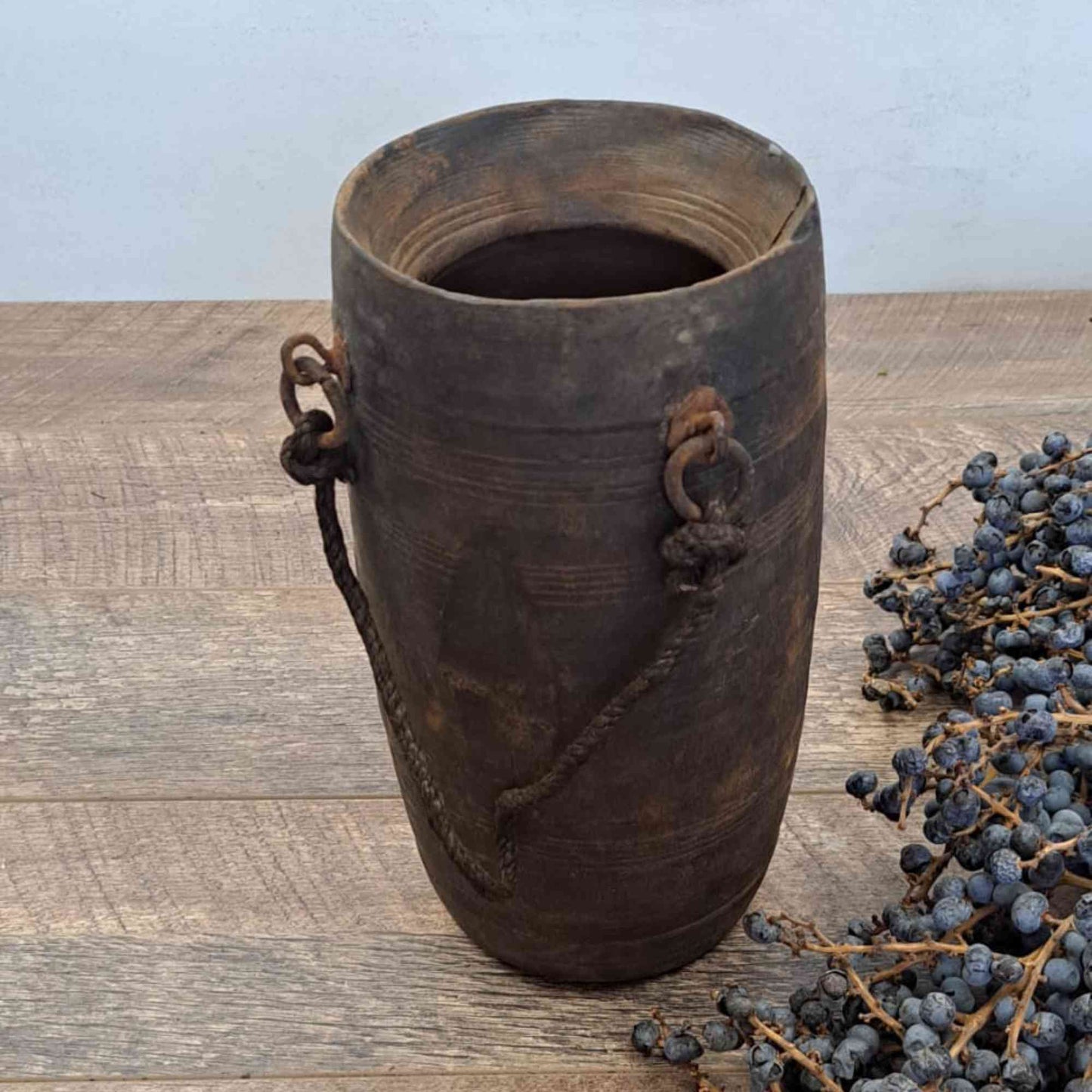 Antique Wooden Himachal Pot - Ring and Rope Detail