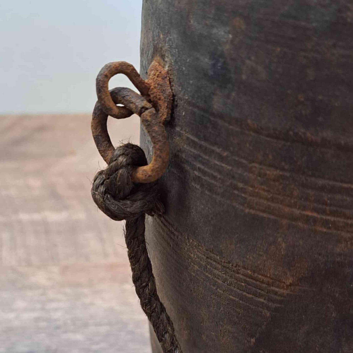 Antique Wooden Himachal Pot - Ring and Rope Detail