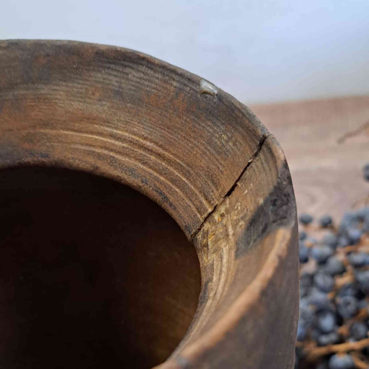 Antique Wooden Himachal Pot - Ring and Rope Detail