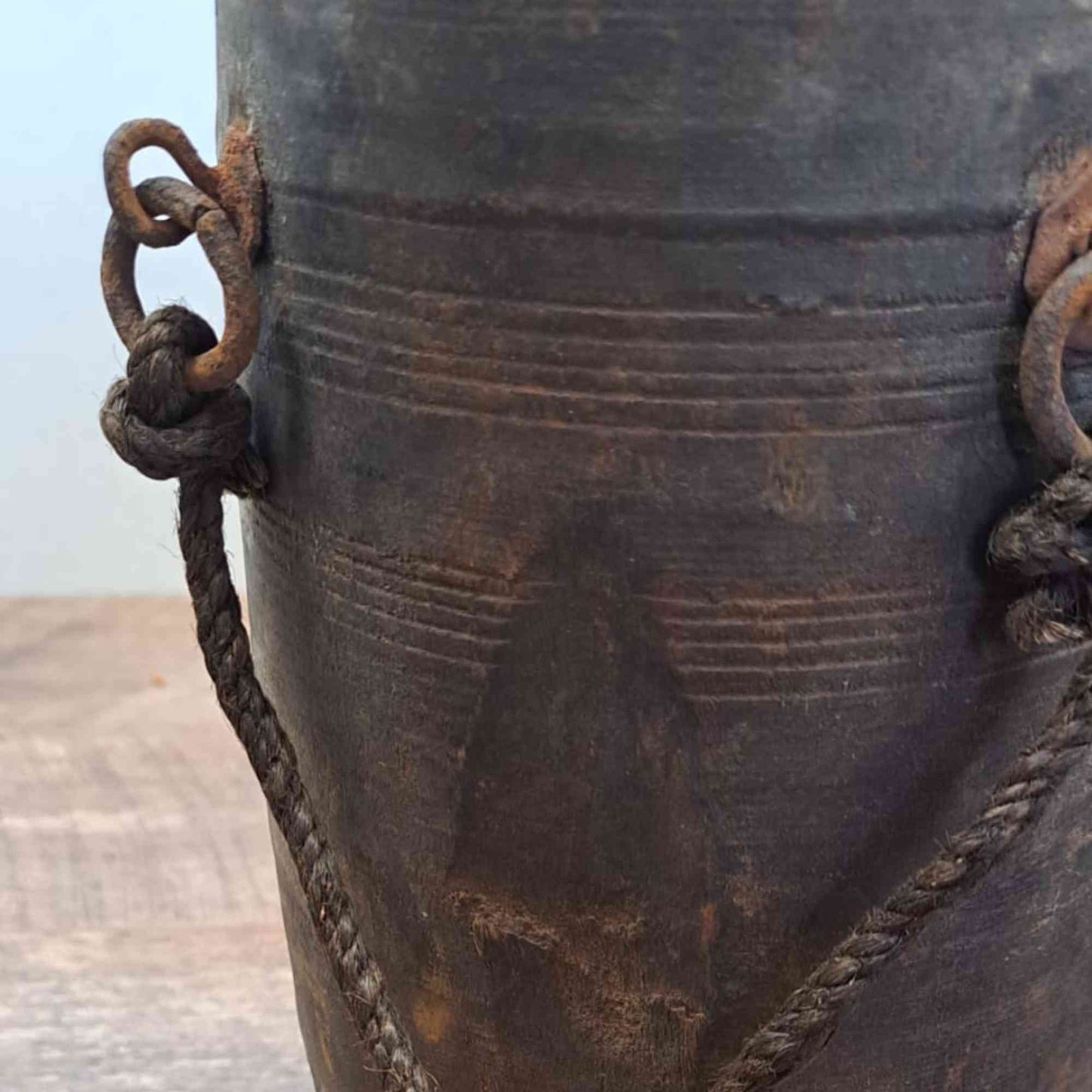 Antique Wooden Himachal Pot - Ring and Rope Detail