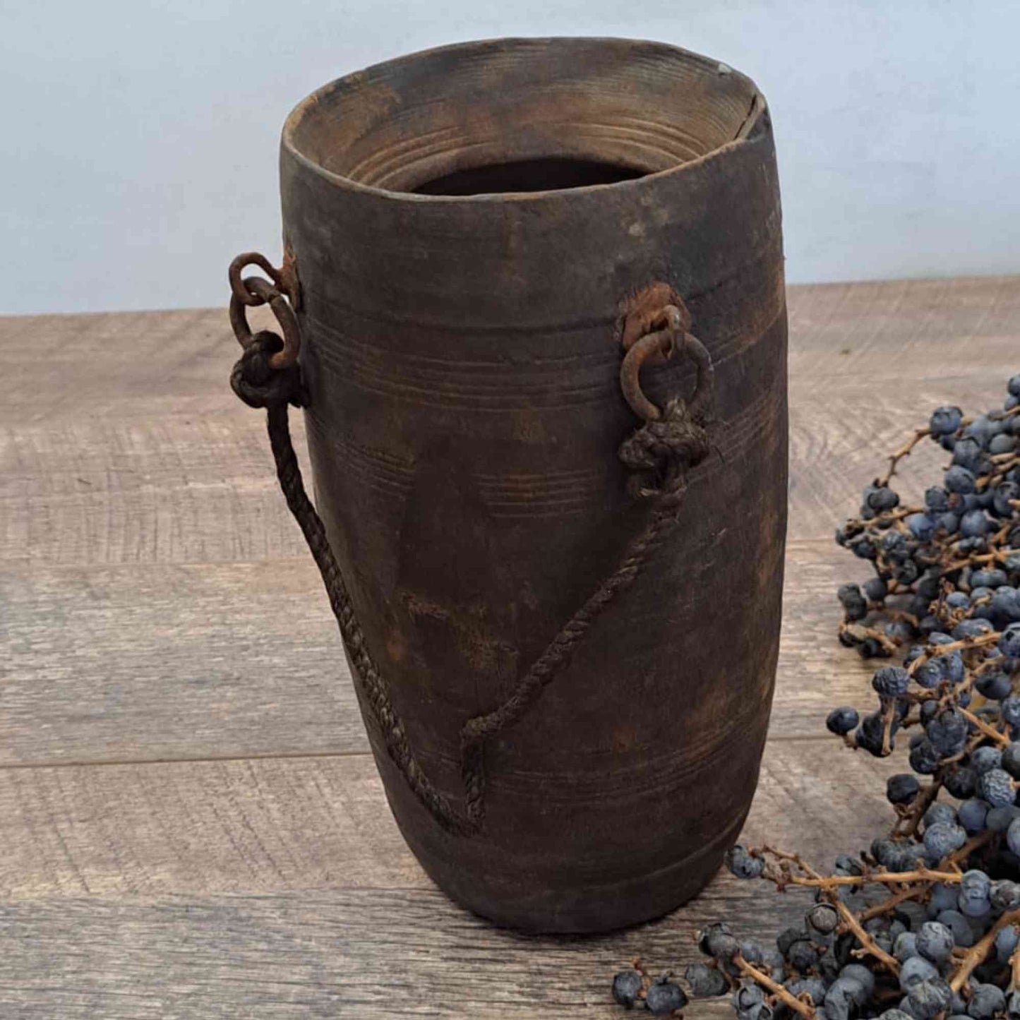 Antique Wooden Himachal Pot - Ring and Rope Detail