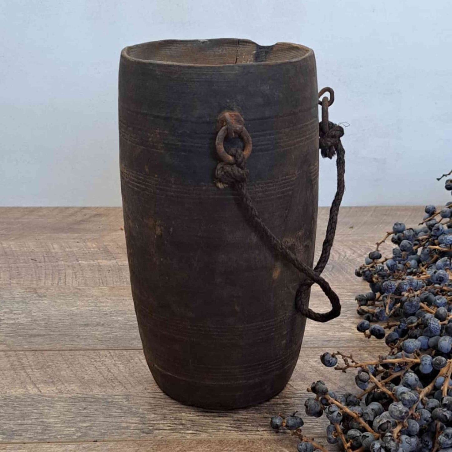 Antique Wooden Himachal Pot - Ring and Rope Detail