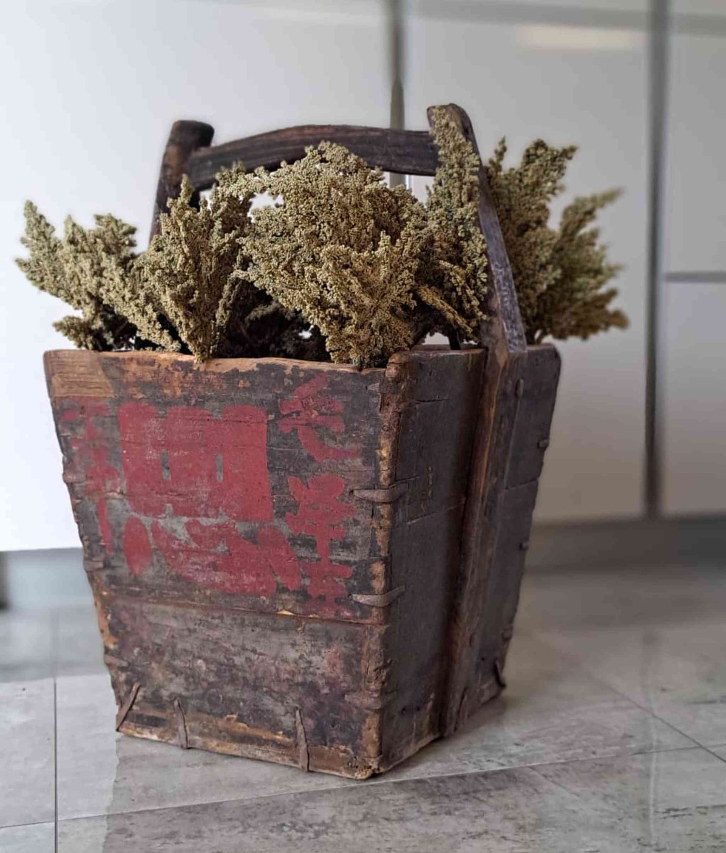Vintage Chinese Wooden Rice Basket Box with Handle