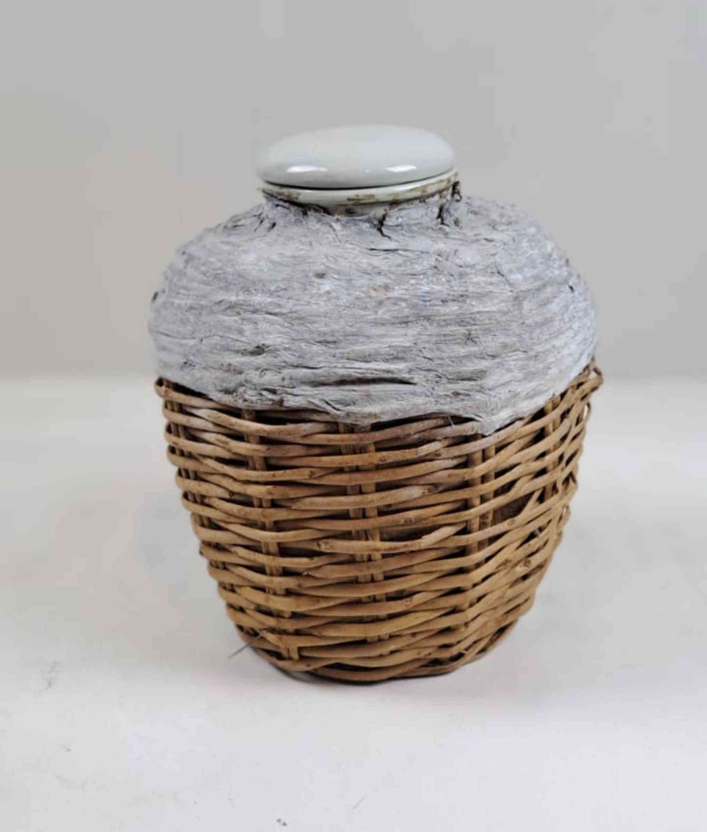 Vintage Stoneware & Wicker Pot with Lid