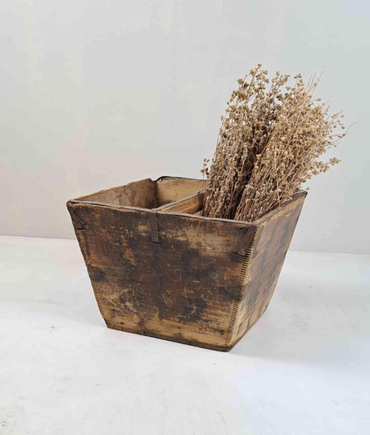 Vintage Chinese Wooden Rice Basket Box with Handle