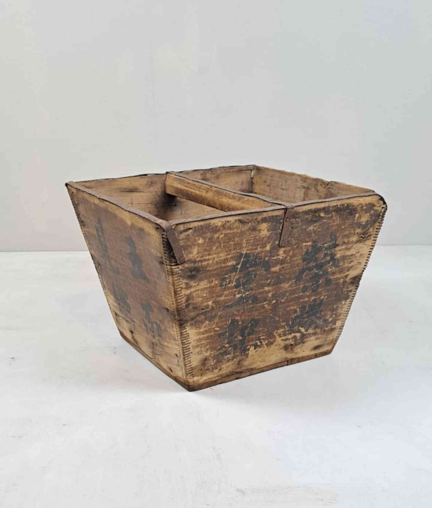 Vintage Chinese Wooden Rice Basket Box with Handle