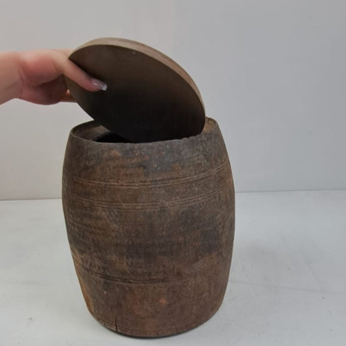 Unique Vintage Wooden Lidded Pot from Tibet