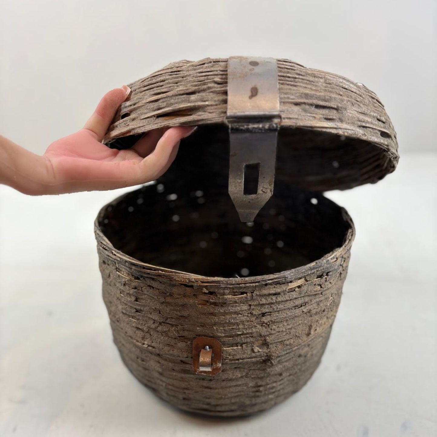 Wicker and Clay Bhutanese Basket with Hinged Lid