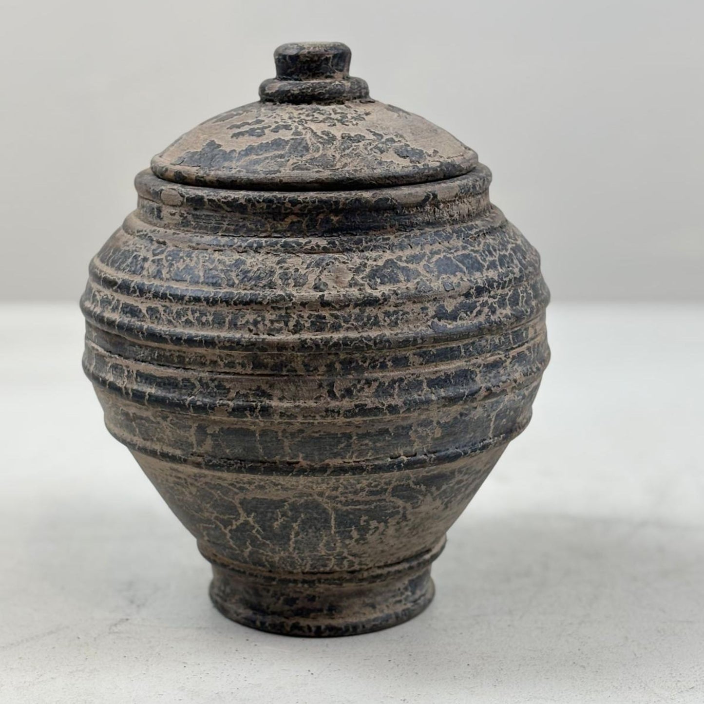 Vintage Wooden Lidded Pot from Nepal