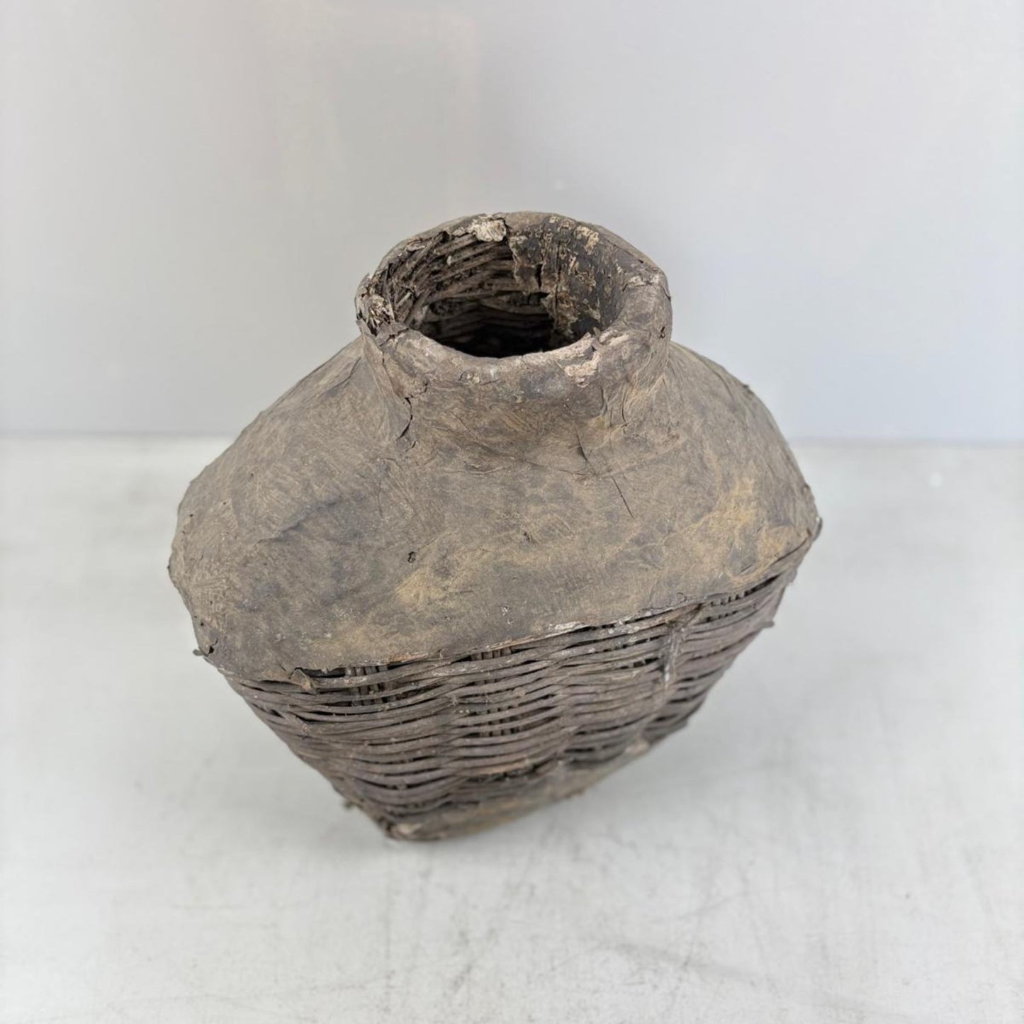 Antique Chinese Wicker & Clay Oil Bottle, Handmade Loam Basket