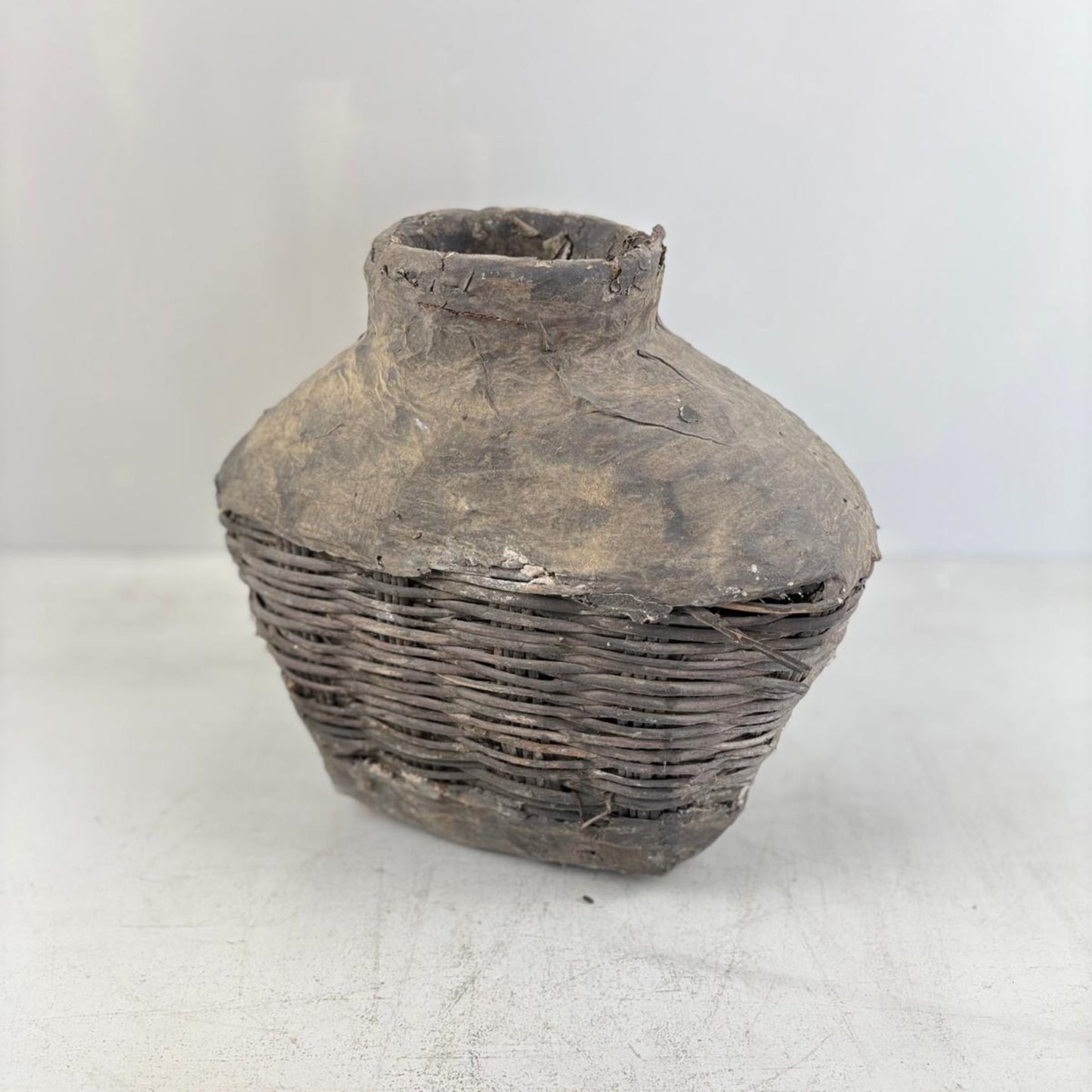 Antique Chinese Wicker & Clay Oil Bottle, Handmade Loam Basket