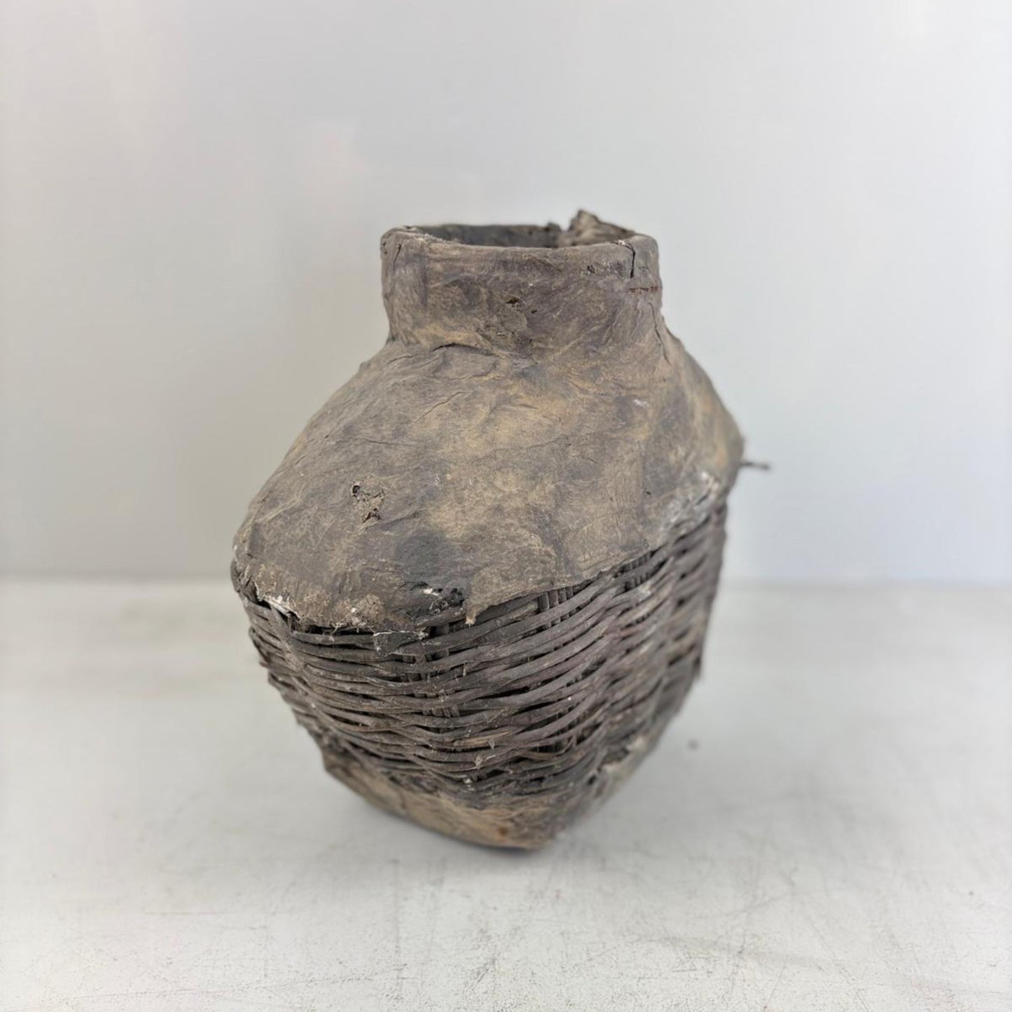 Antique Chinese Wicker & Clay Oil Bottle, Handmade Loam Basket