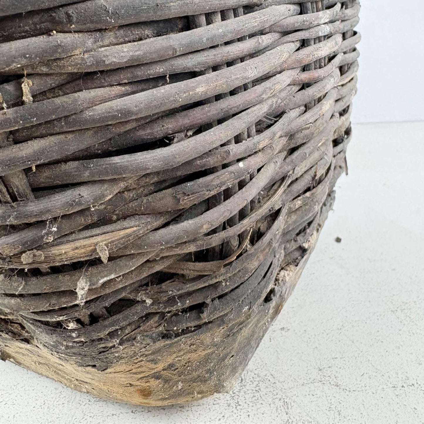 Antique Chinese Wicker & Clay Oil Bottle, Handmade Loam Basket