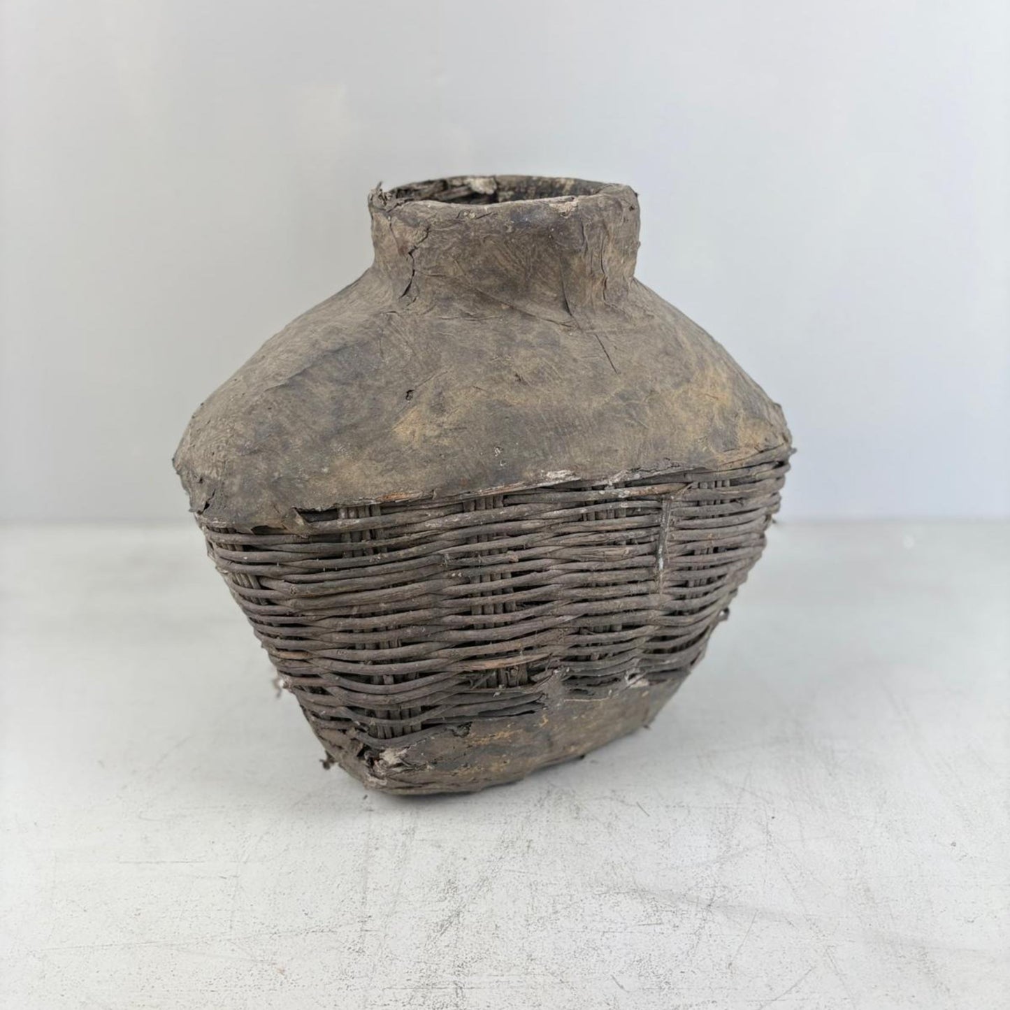 Antique Chinese Wicker & Clay Oil Bottle, Handmade Loam Basket