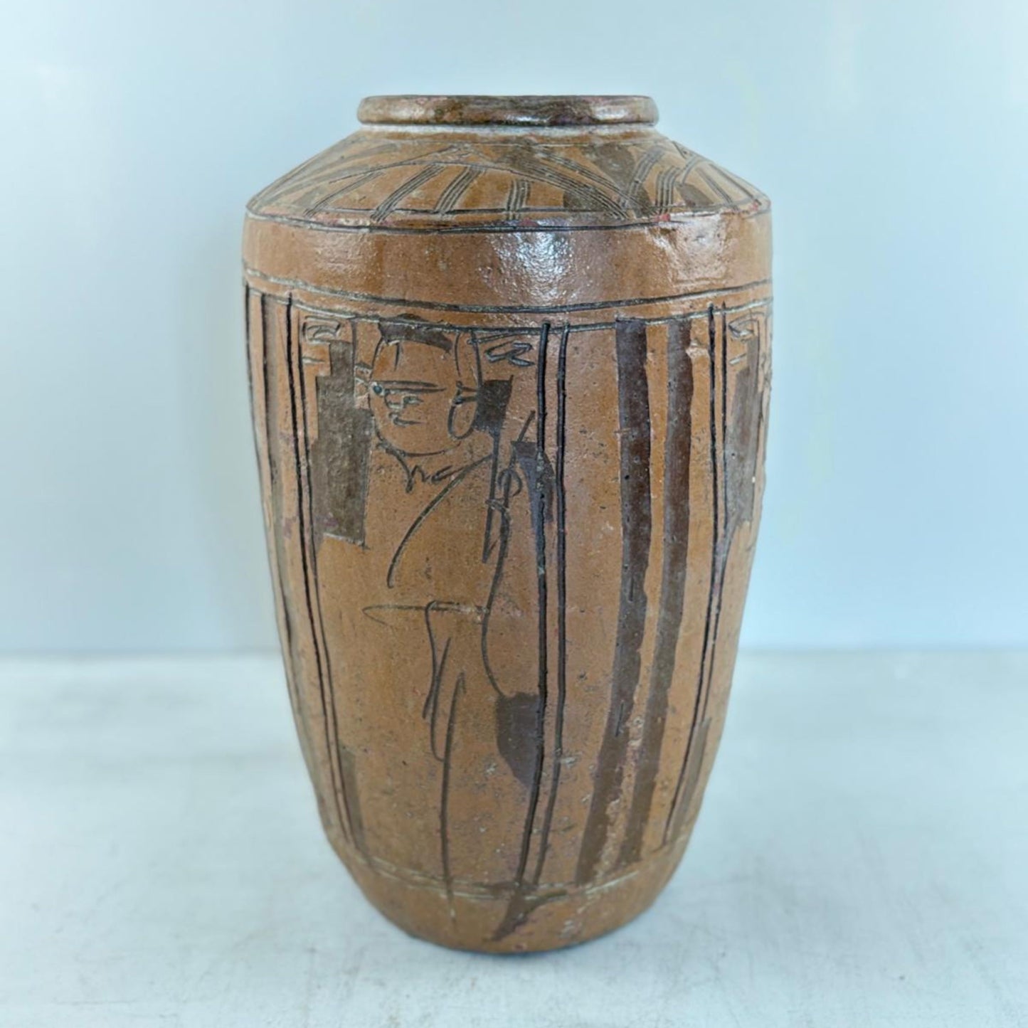Rare Engraved Antique Glazed Pottery Vase- Chekiang, China