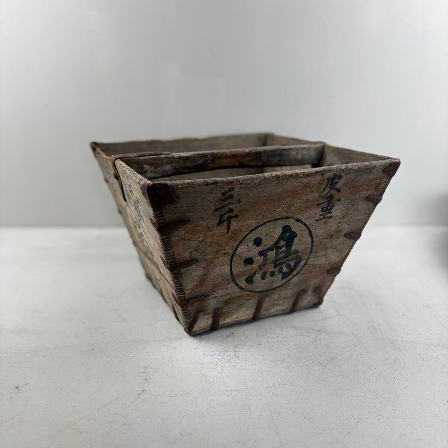 Vintage Chinese Wooden Rice Basket Box with Handle - Guangdong Province, China
