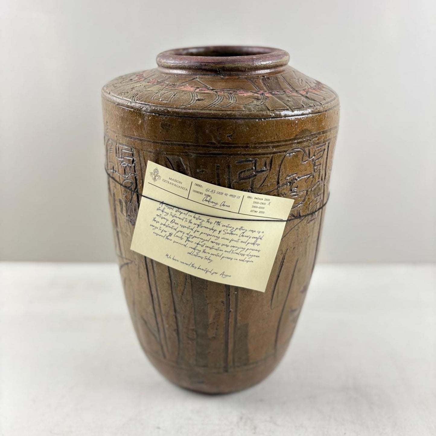 Rare Engraved Antique Glazed Pottery Vase- Chekiang, China