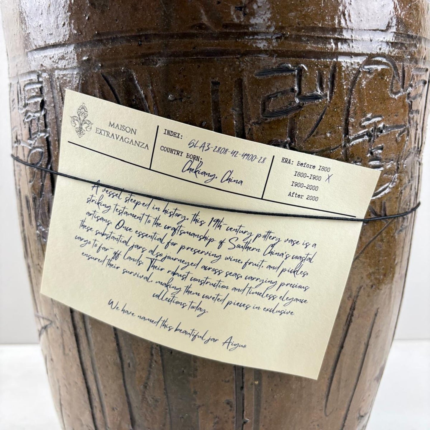 Rare Engraved Antique Glazed Pottery Vase- Chekiang, China