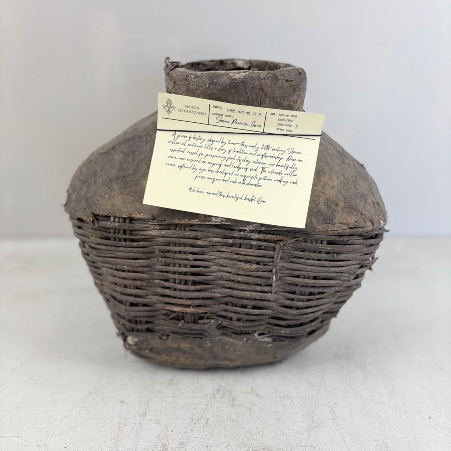 Antique Chinese Wicker & Clay Oil Loam Bottle - Shanxi, China