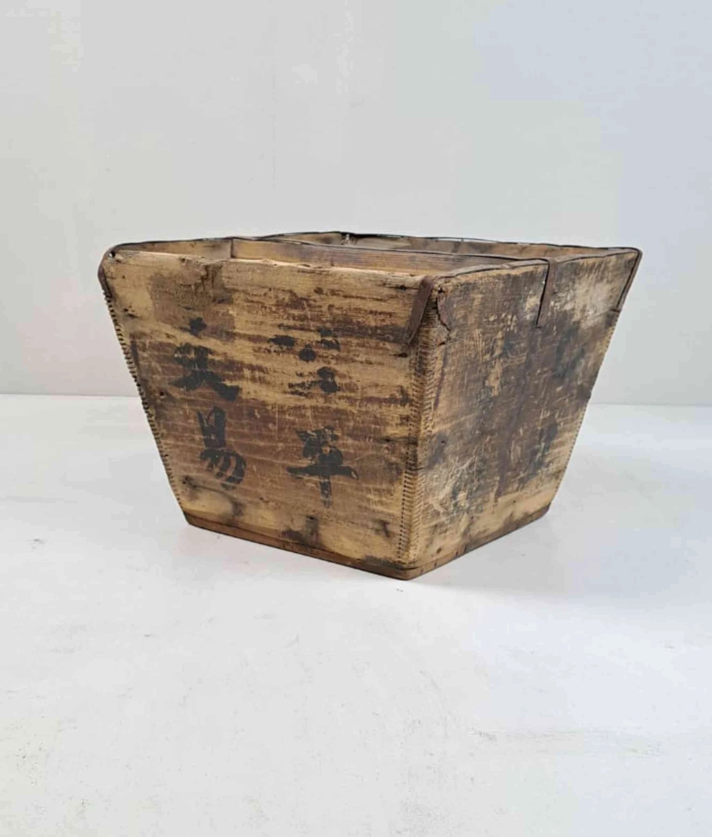 Vintage Chinese Wooden Rice Basket Box with Handle - Guangdong Province, China