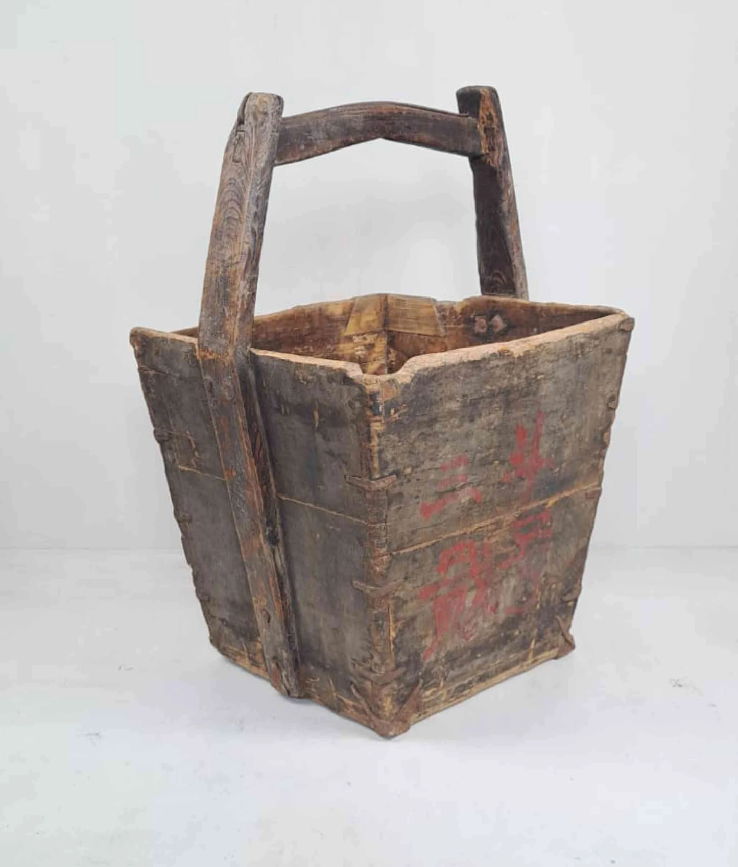 Vintage Chinese Wooden Rice Basket Box with Handle