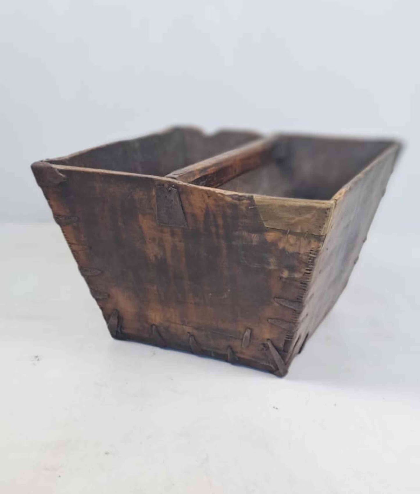 Vintage Chinese Wooden Rice Basket Box with Handle