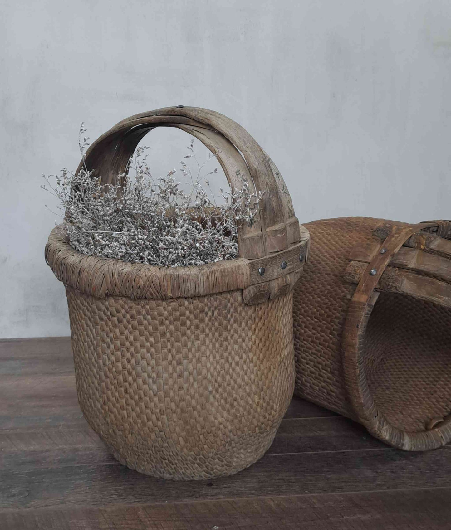 Tall Vintage Chinese Round Basket with Handle and Script