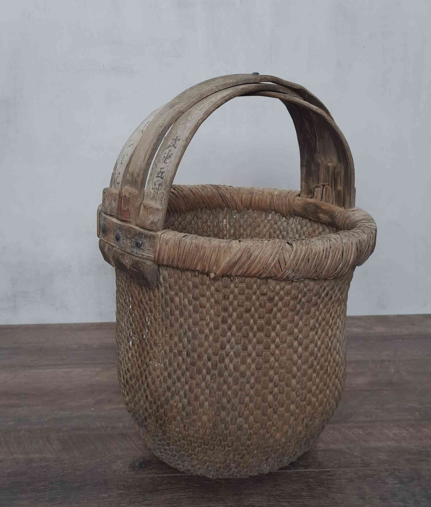 Tall Vintage Chinese Round Basket with Handle and Script