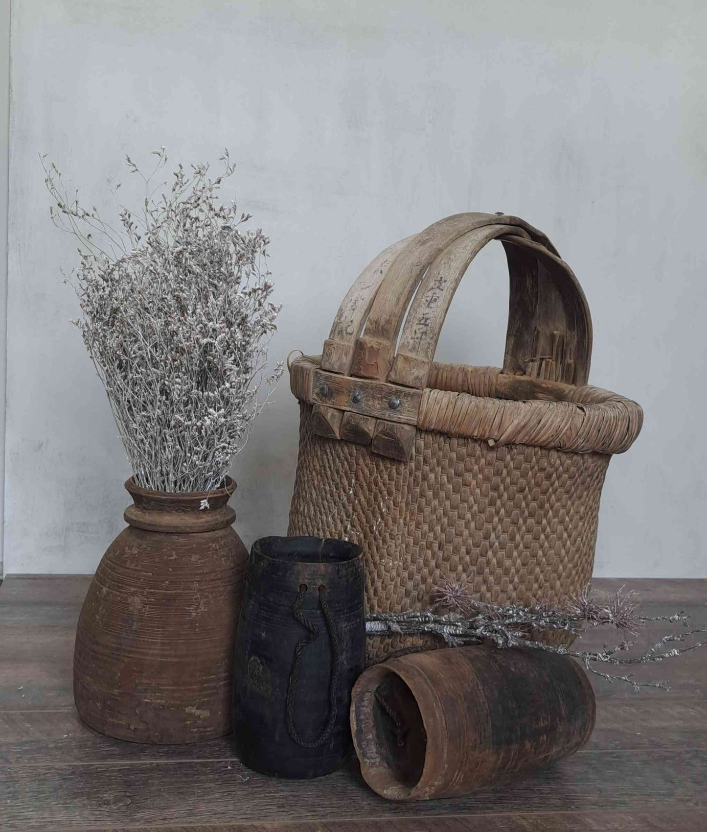 Tall Vintage Chinese Round Basket with Handle and Script