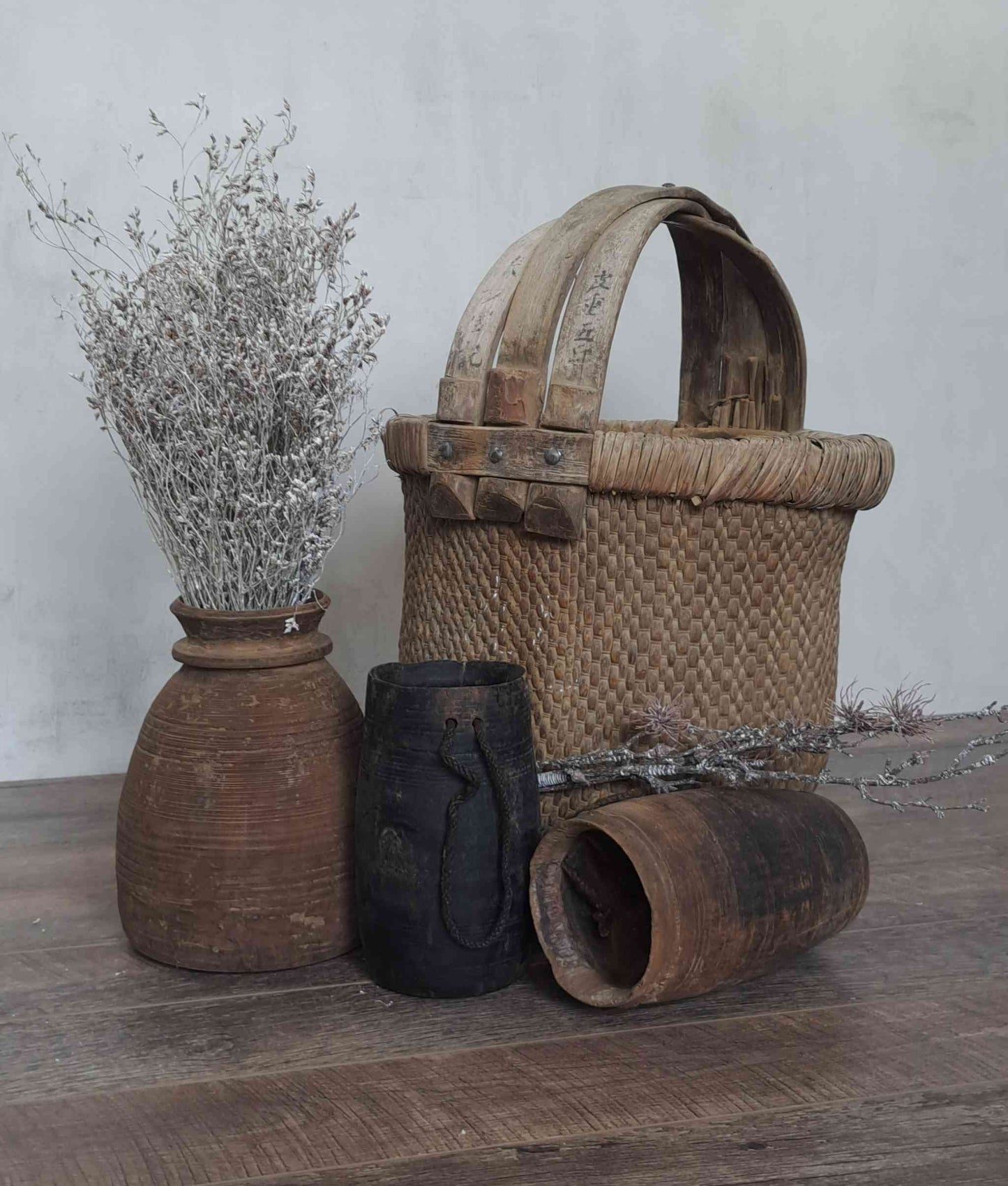 Tall Vintage Chinese Round Basket with Handle and Script