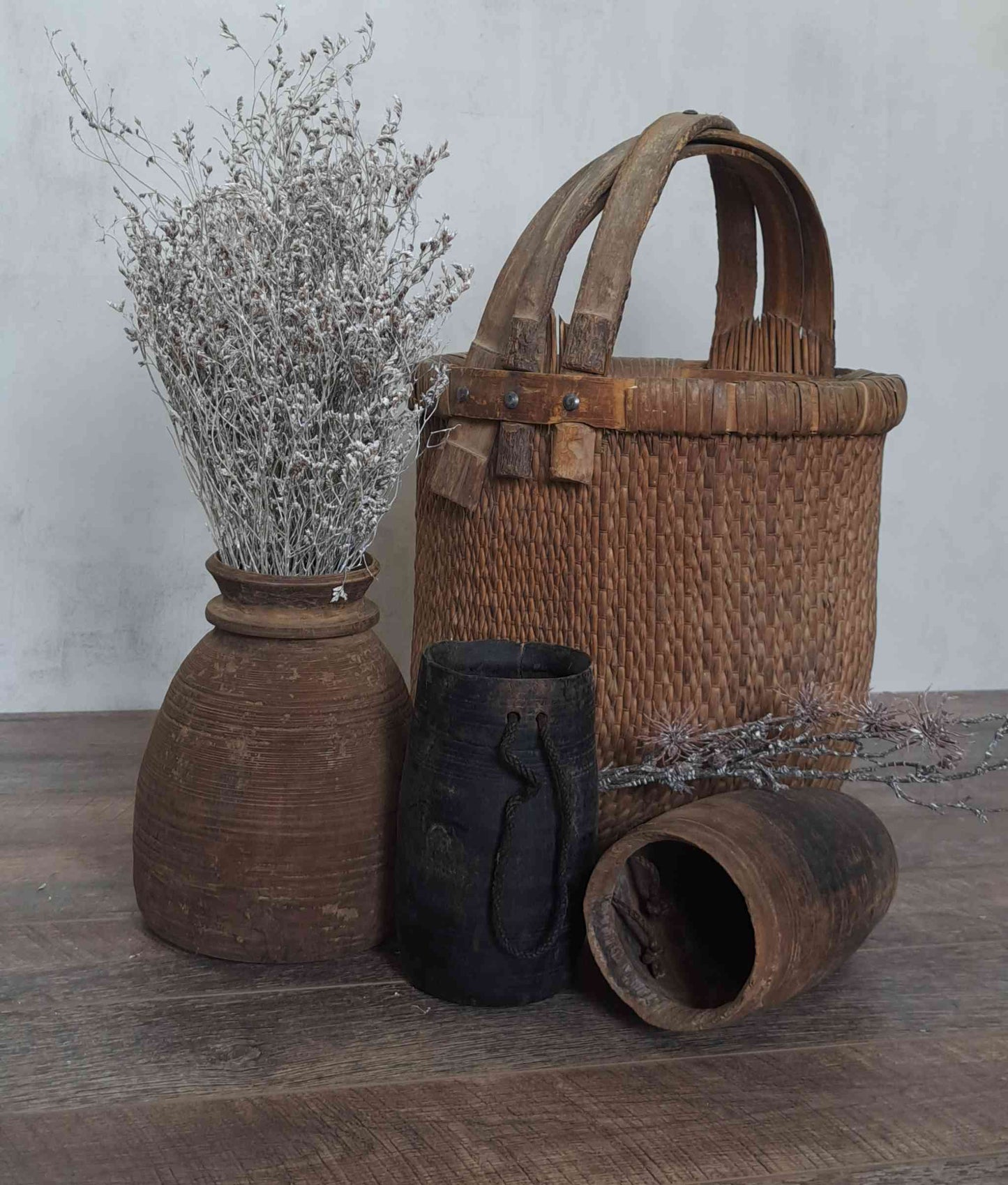 Antique Wooden Himachal Pot with rope, brown