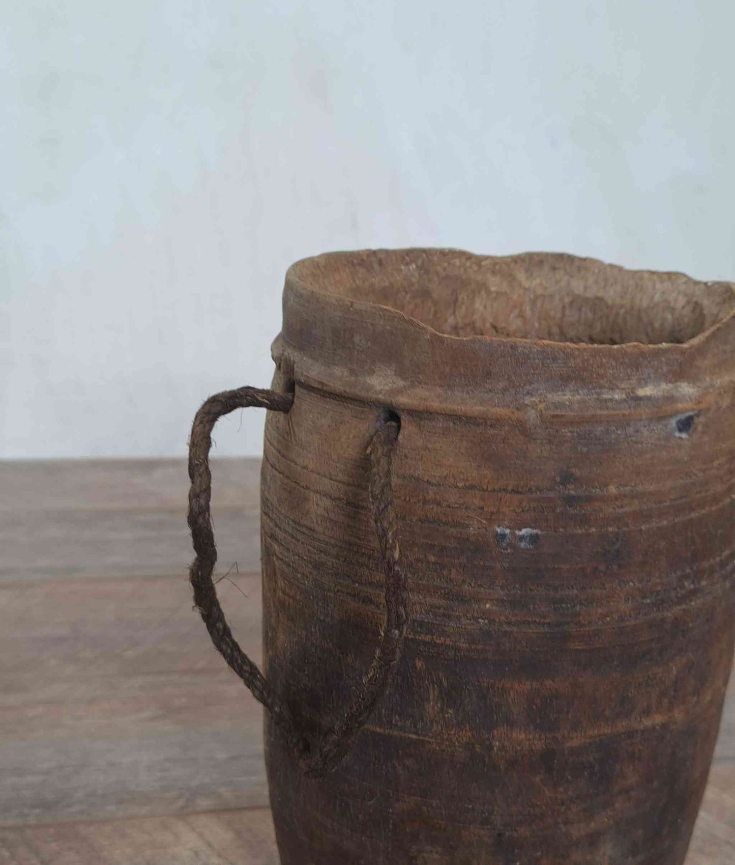 Antique Wooden Himachal Pot with rope, brown