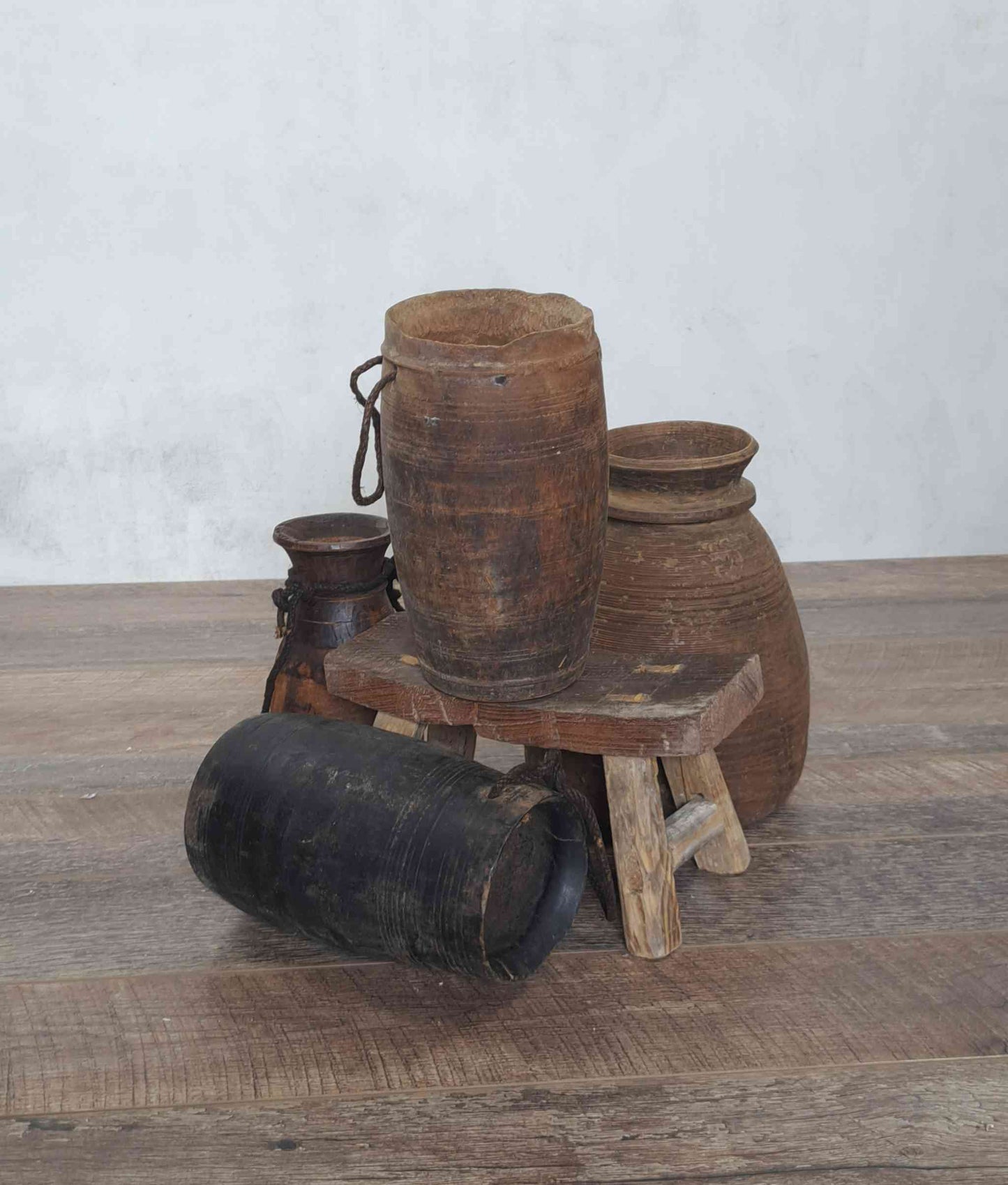 Antique Wooden Himachal Pot with rope, brown