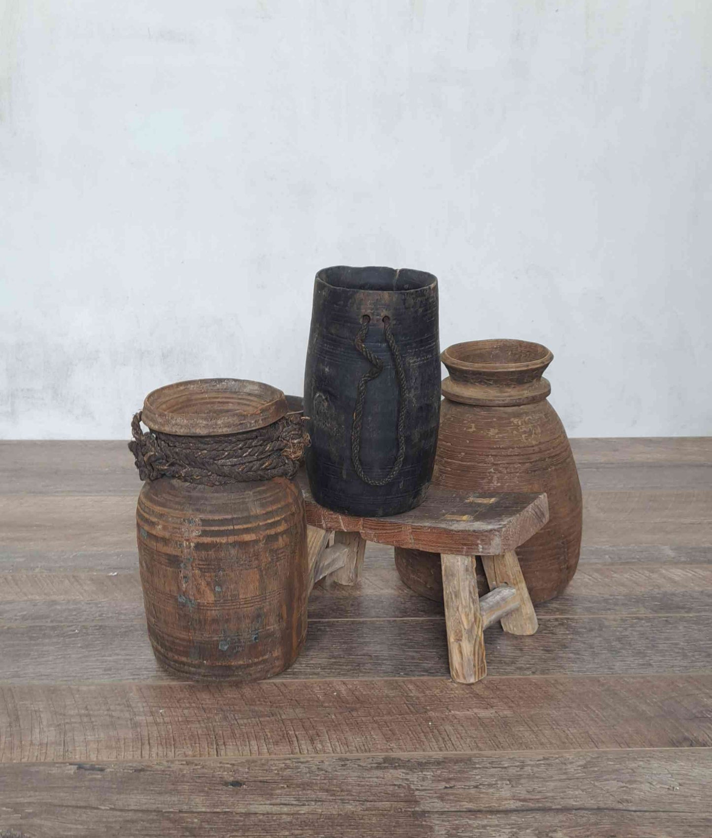 Antique Wooden Himachal Pot with rope, black