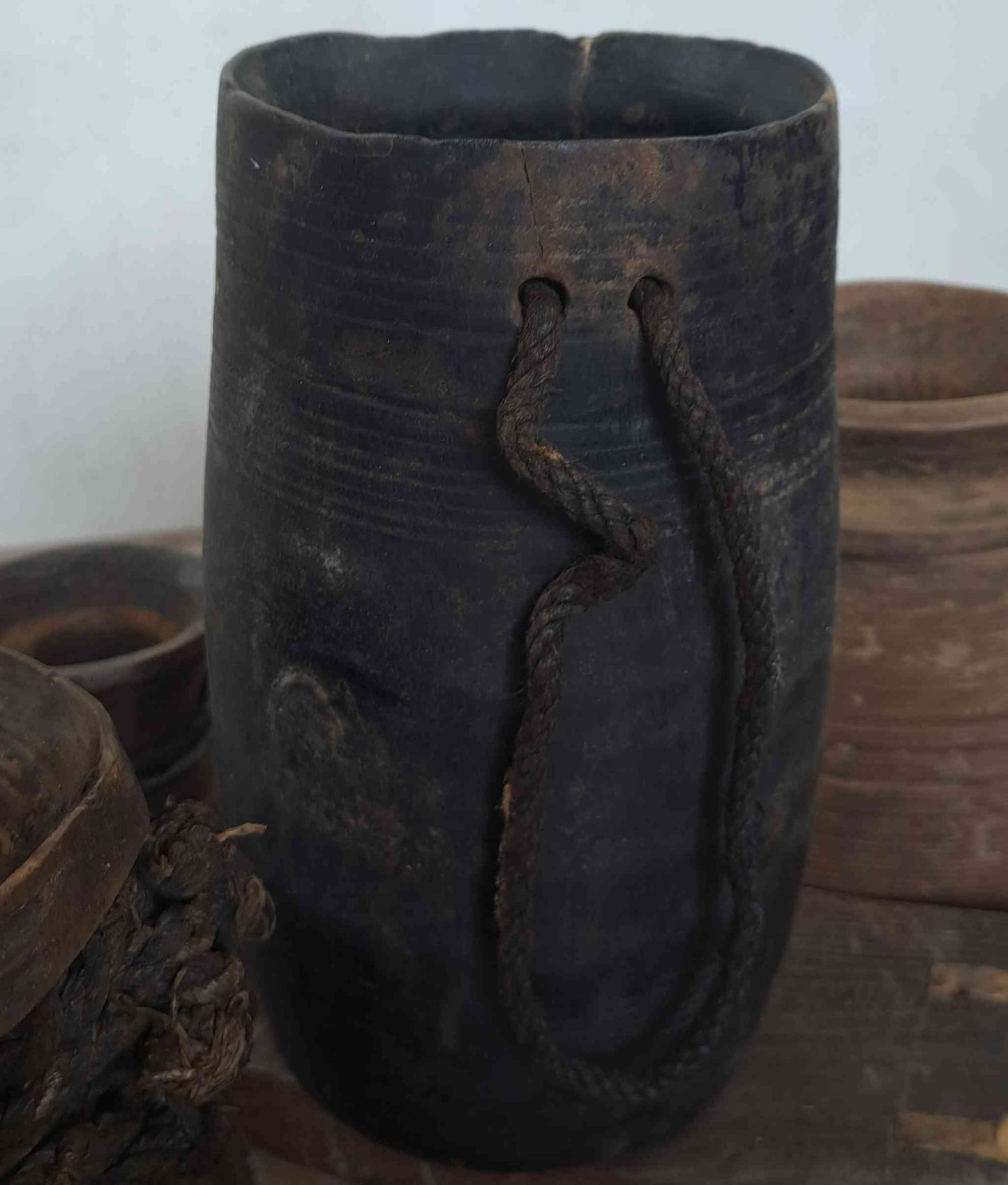 Antique Wooden Himachal Pot with rope, black