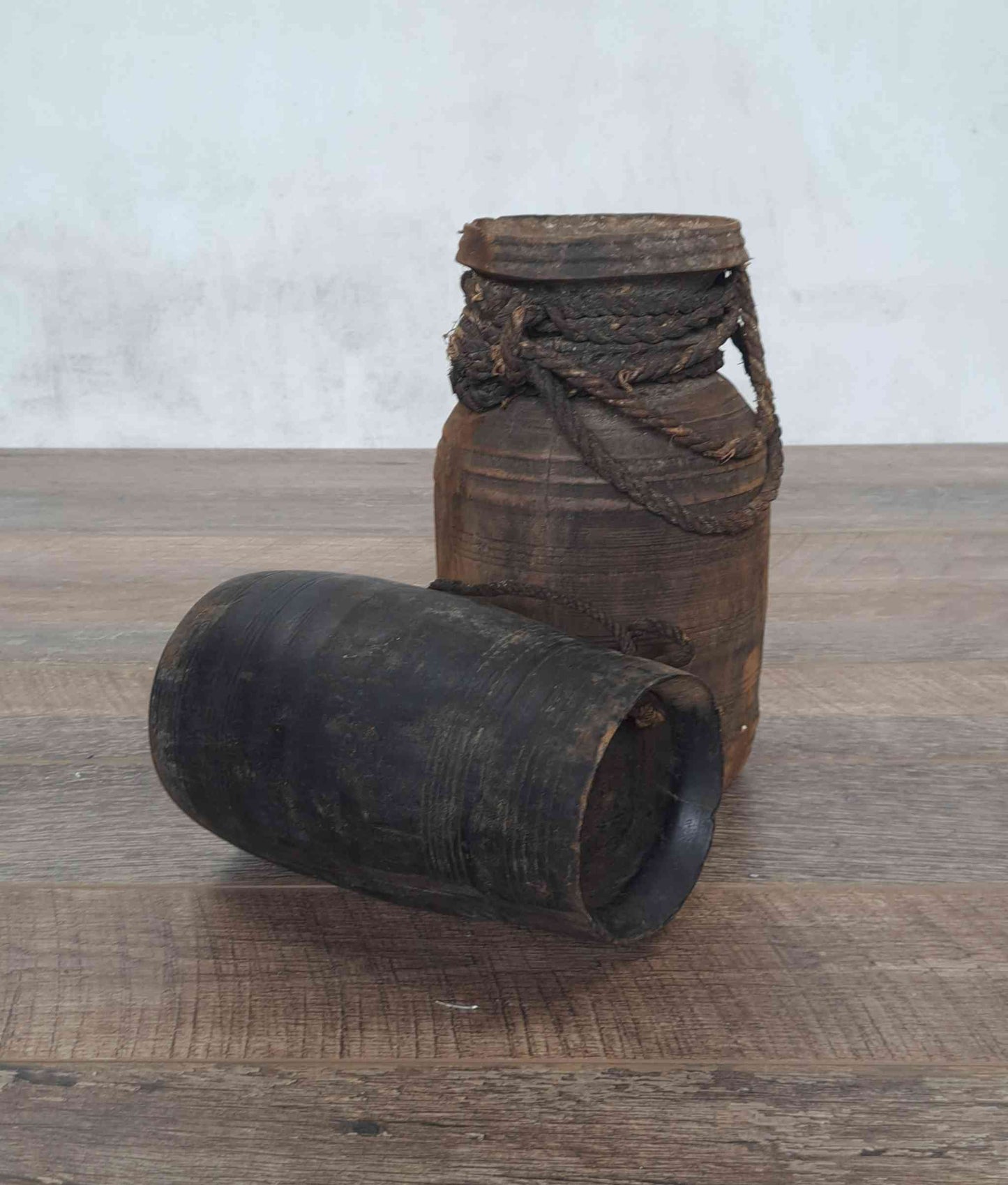 Antique Wooden Himachal Pot with rope, black