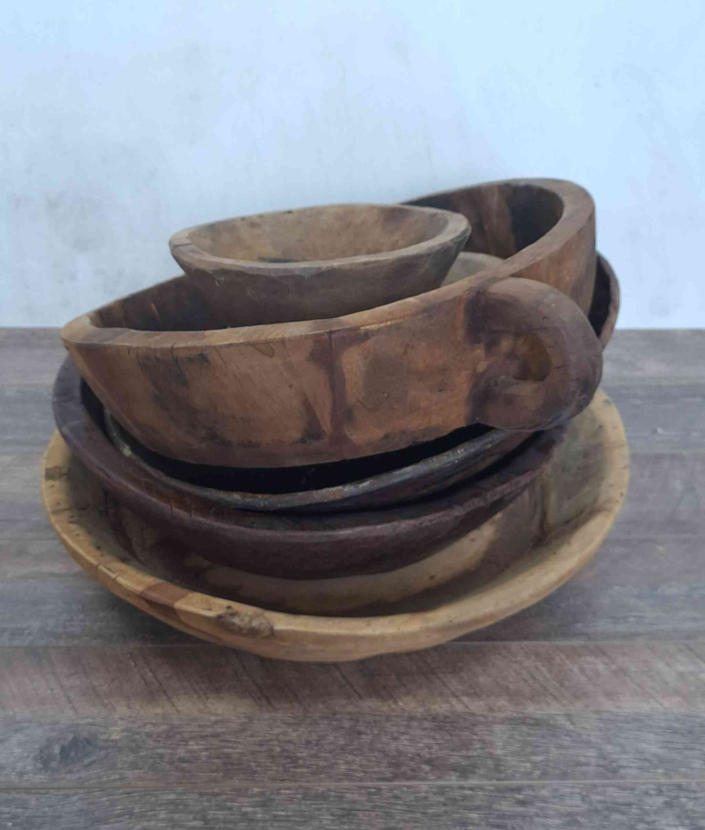 Vintage Artisan Handcarved Wooden Bowl with handle