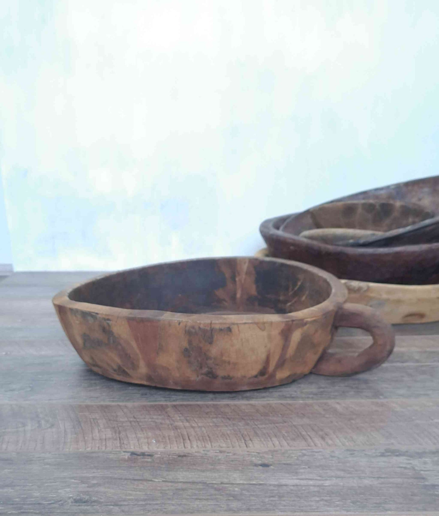 Vintage Artisan Handcarved Wooden Bowl with handle