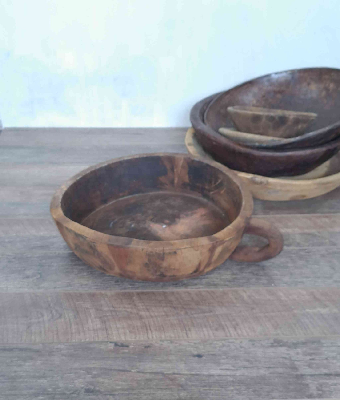 Vintage Artisan Handcarved Wooden Bowl with handle