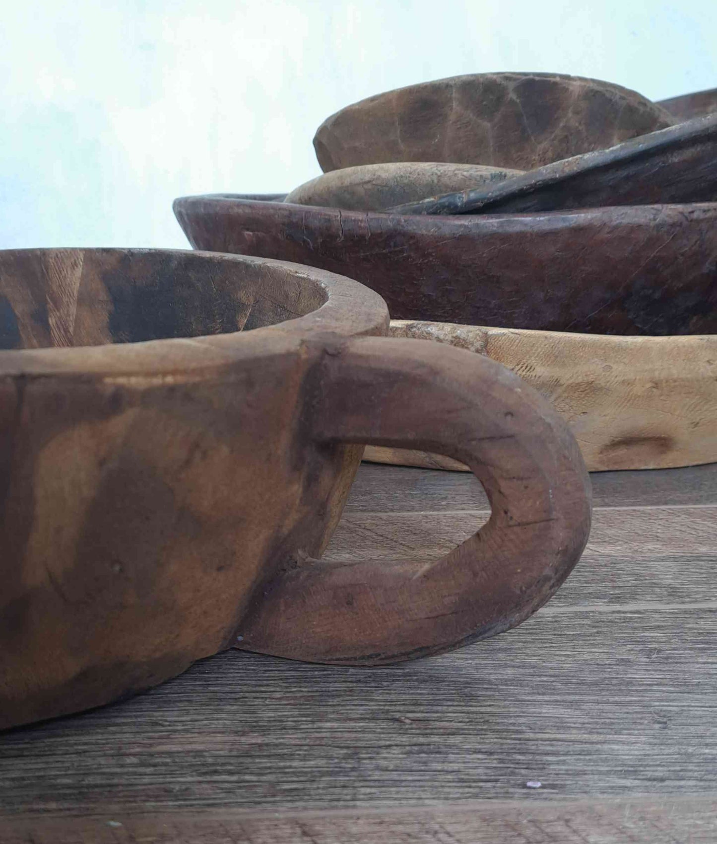 Vintage Artisan Handcarved Wooden Bowl with handle