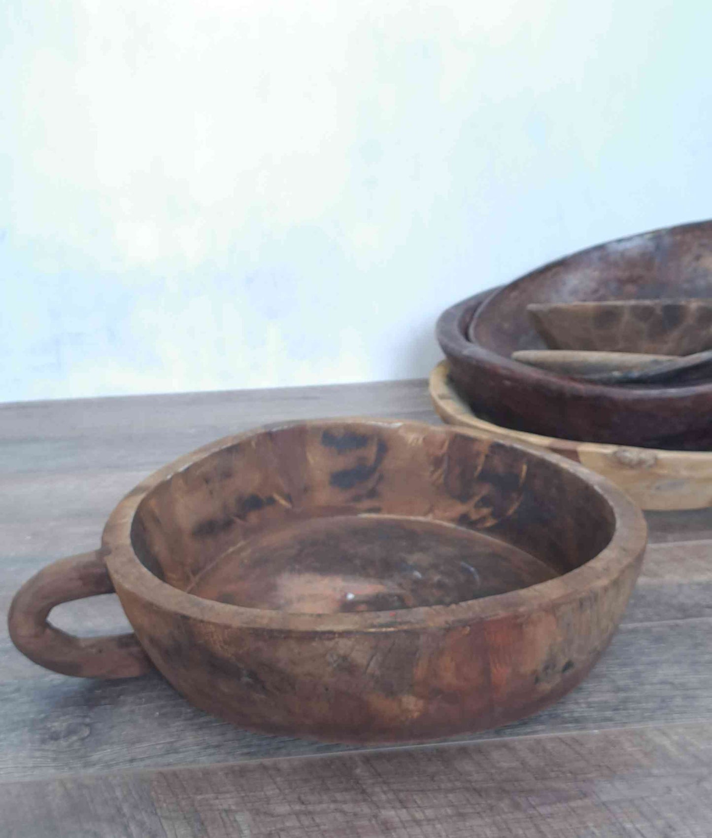 Vintage Artisan Handcarved Wooden Bowl with handle