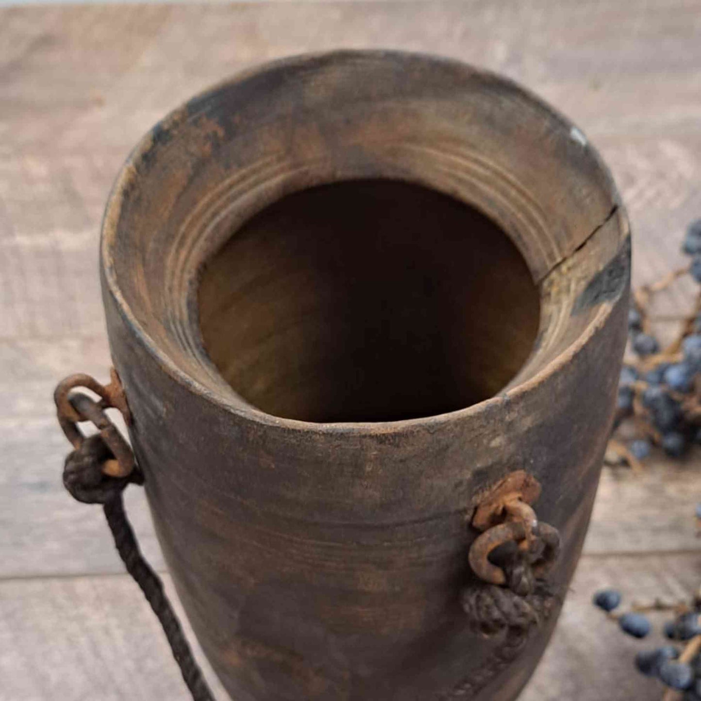 Antique Wooden Himachal Pot  - Ring and Rope Detail