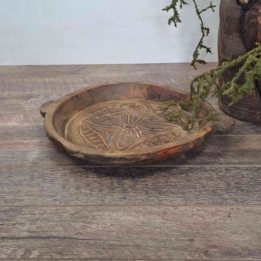 Vintage Indian Wooden Chapati Dish with Carving