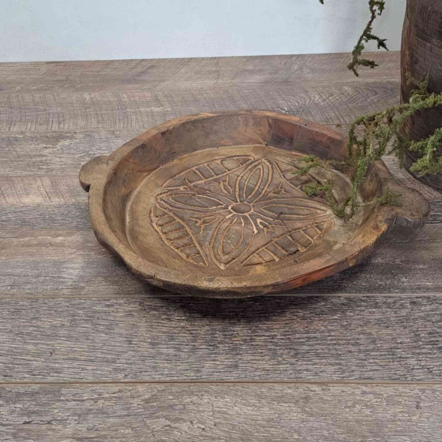 Vintage Indian Wooden Chapati Dish with Carving