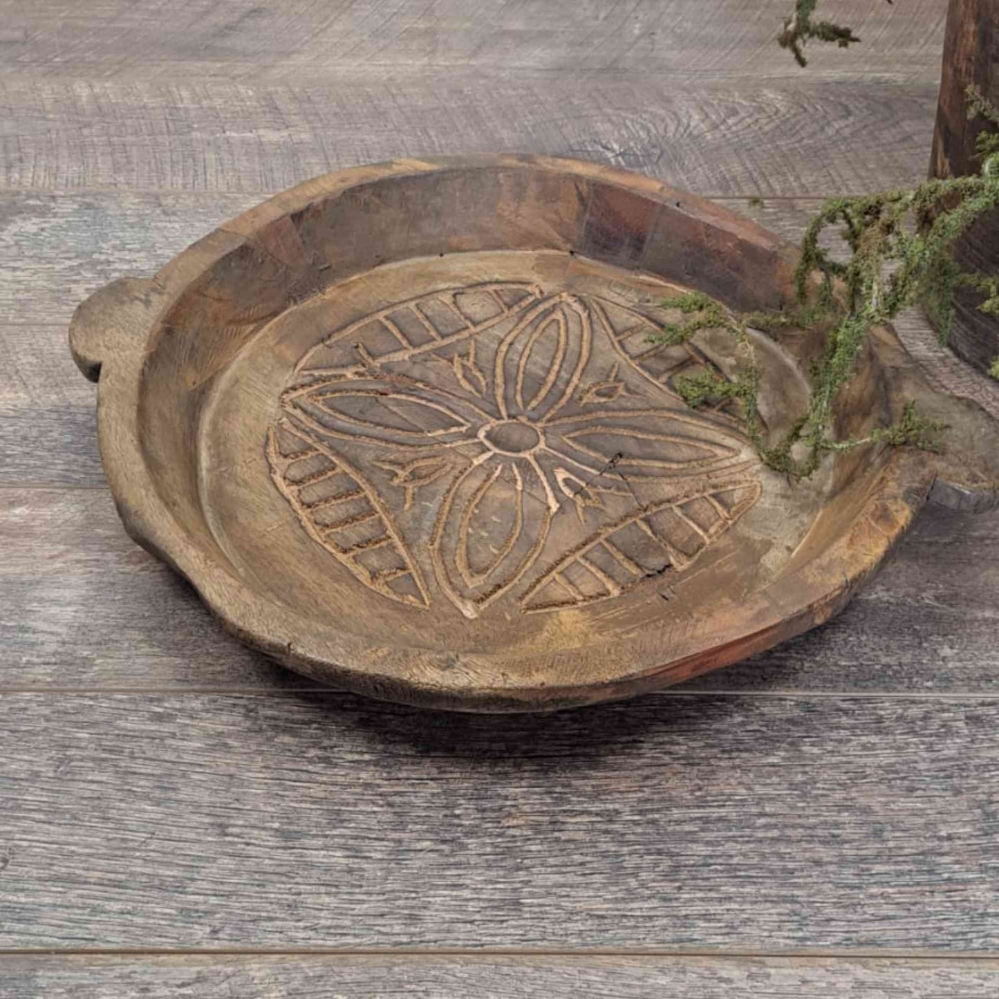 Vintage Indian Wooden Chapati Dish with Carving