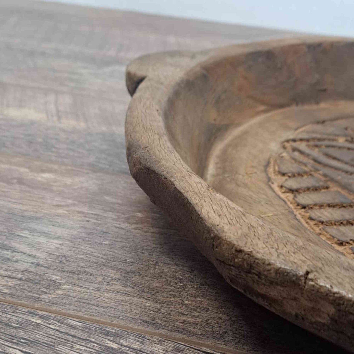 Vintage Indian Wooden Chapati Dish with Carving