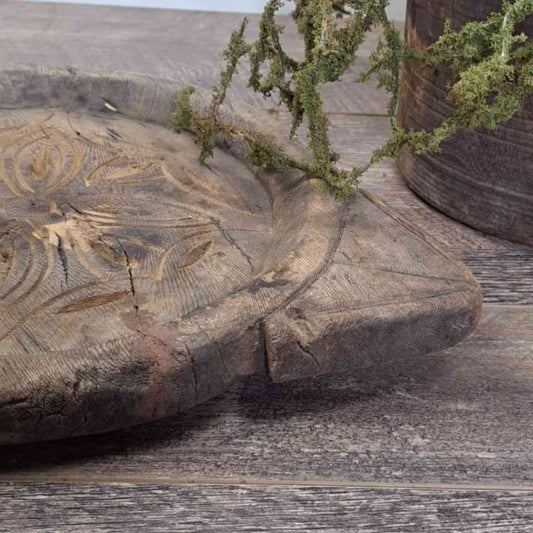 Vintage Indian Wooden Chapati Dish with Carving