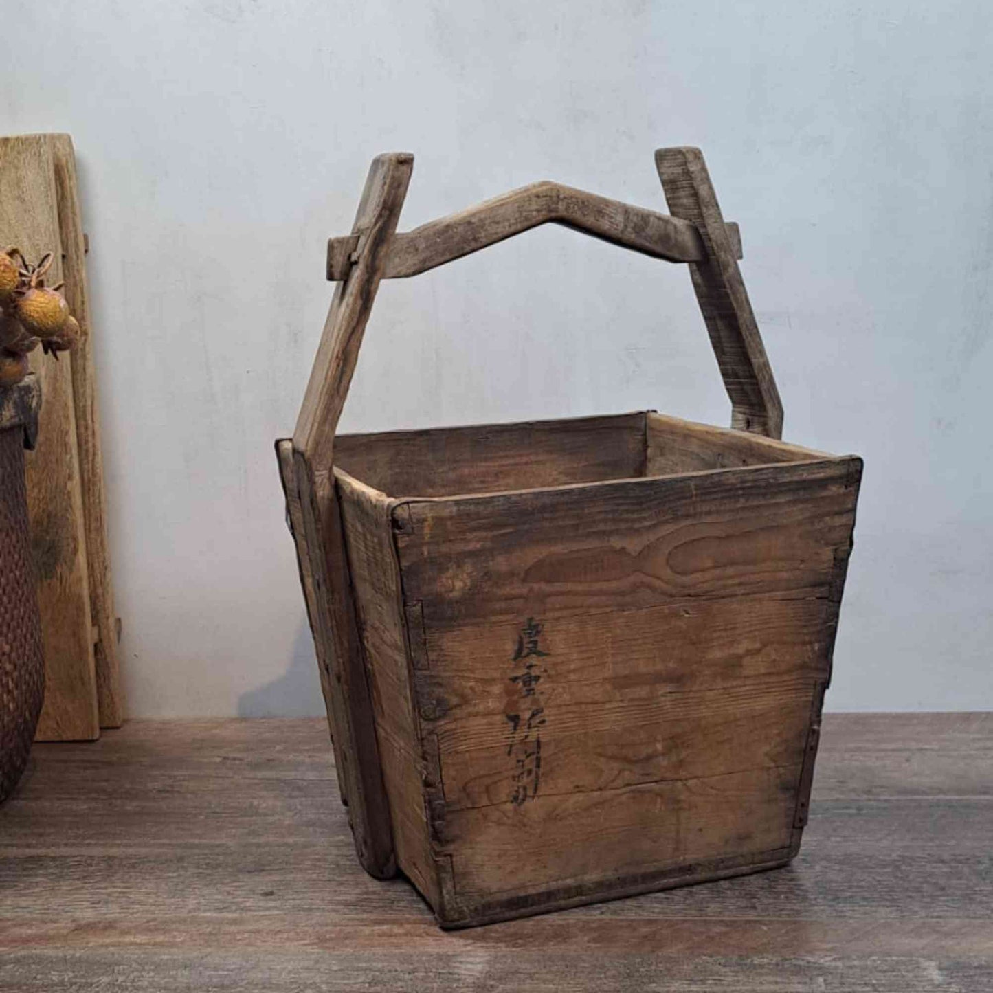 Vintage Chinese Wooden Rice Basket Box with Handle